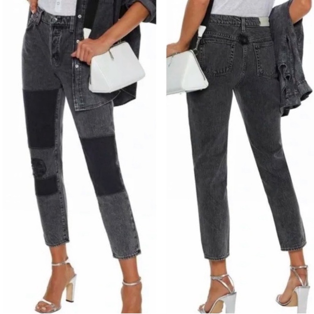 IRO Jeans Patchwork Distressed High Rise Slim-Leg Ankle Jeans Black Wash 26‎